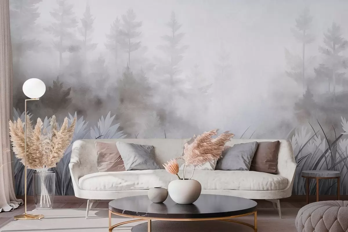 Fototapet Krajina s vysokou divokou trávou a borovicovým lesem, minimalistický styl s výraznou texturou w10082v1