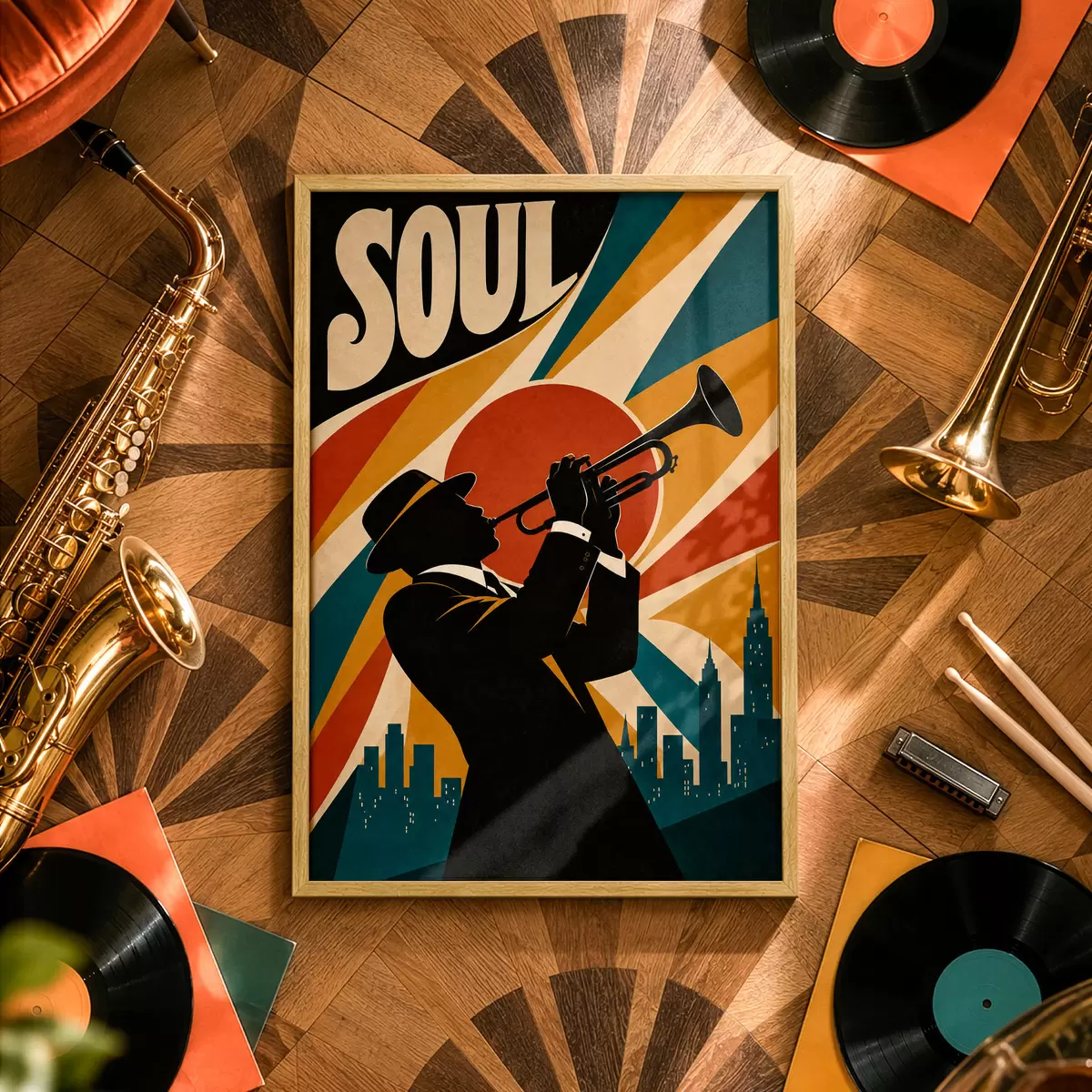 Poster Jazz se rozléhá nad panoramatem města f50925