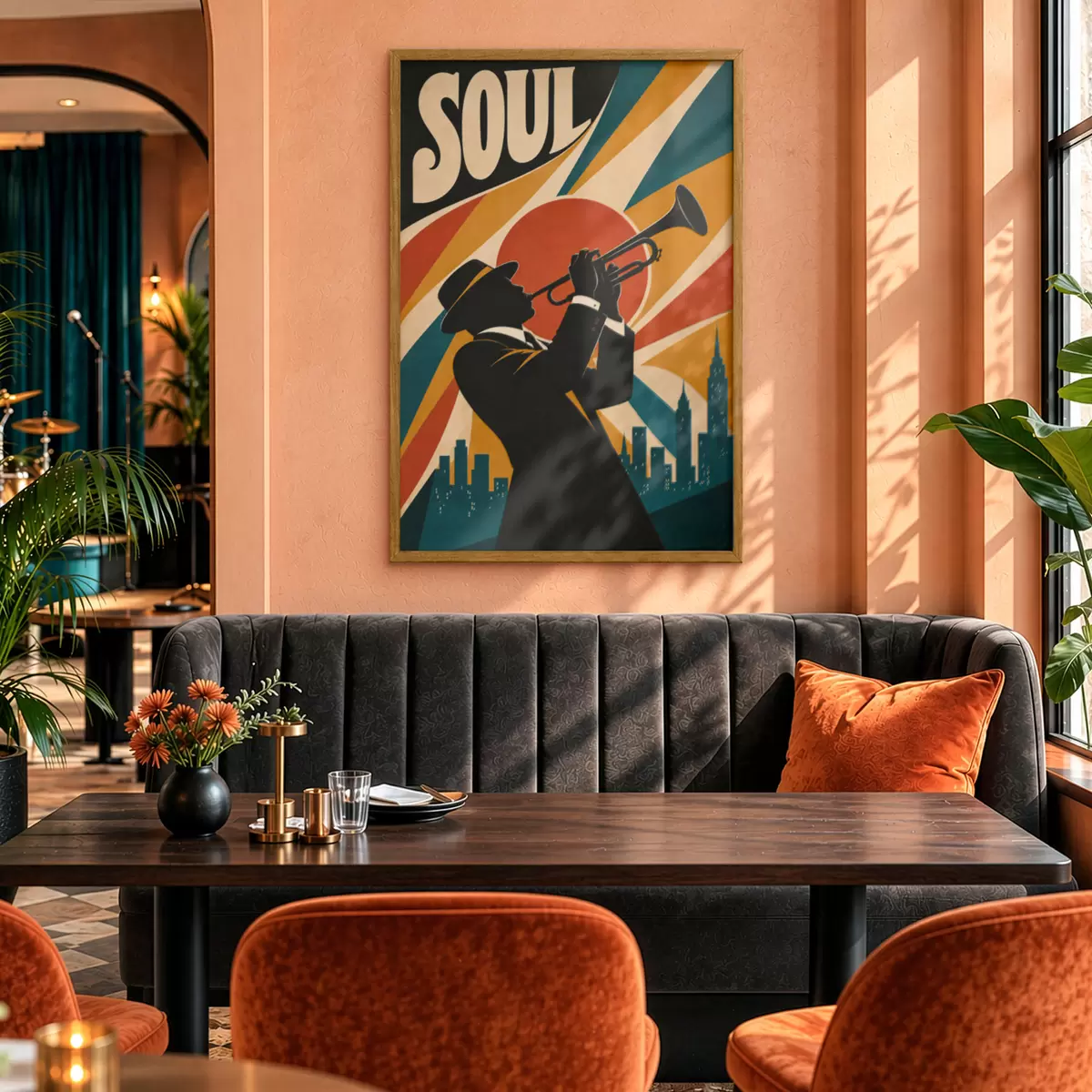 Poster Jazz se rozléhá nad panoramatem města f50925