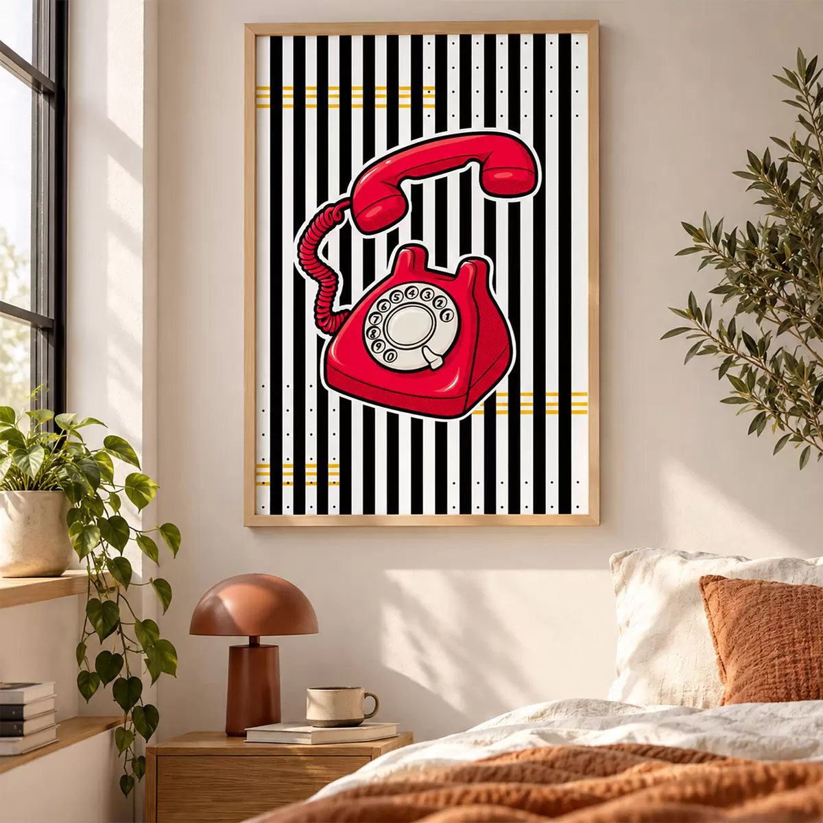 Poster Retro červený telefon na výrazných pruzích f50784