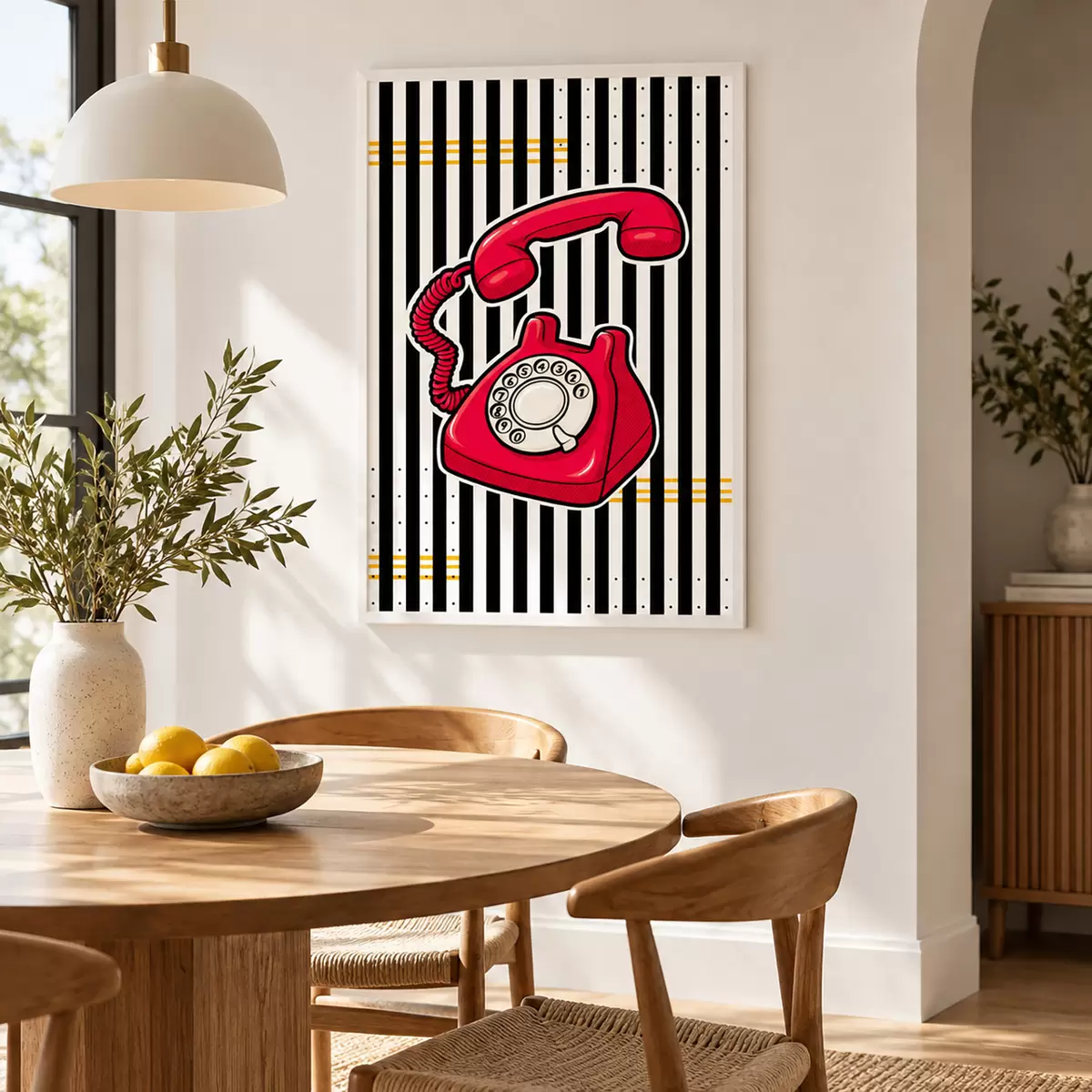 Poster Retro červený telefon na výrazných pruzích f50784