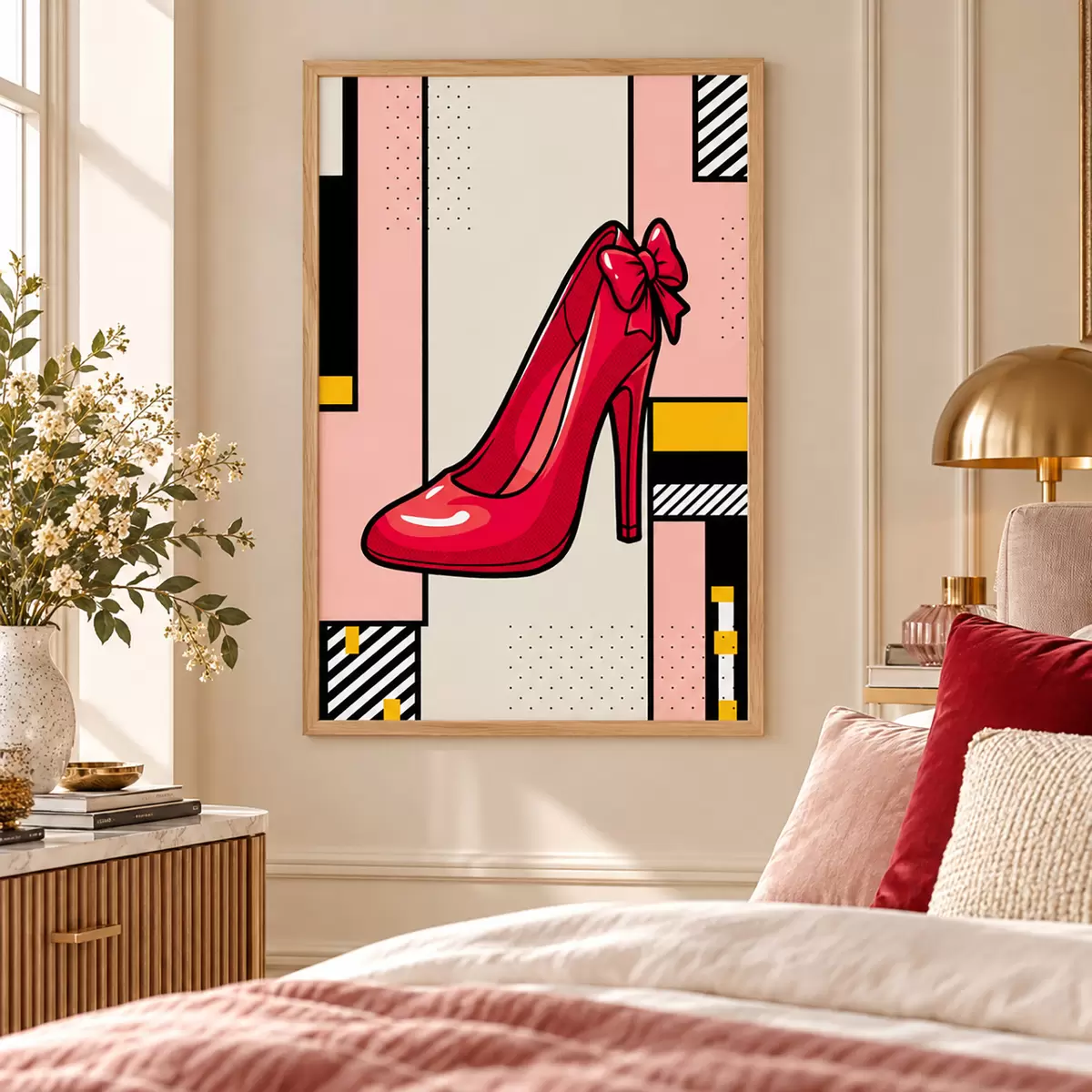 Poster Elegantní červené lodičky na hravém pozadí f50785