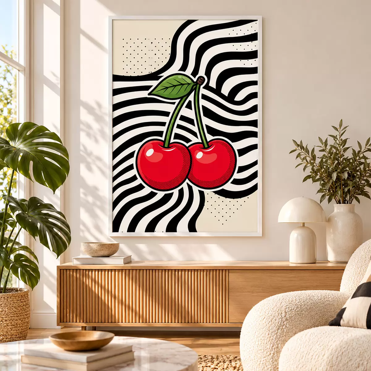 Poster Zářivé třešně na pozadí výrazných vzorů f50787