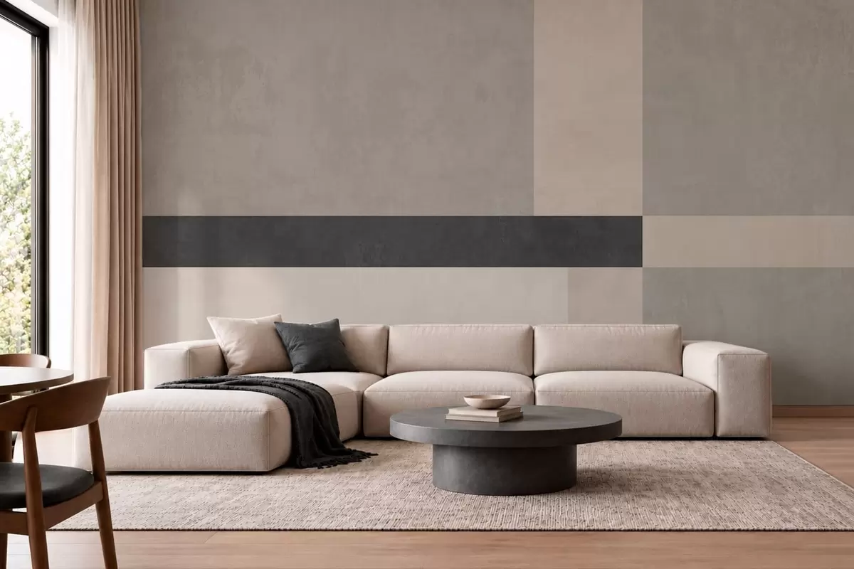 Fototapet Abstraktní geometrie s béžovými a šedými bloky a tmavým pruhem w05891