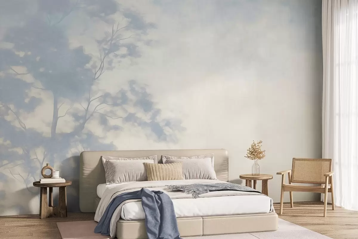 Fototapet Texturovaný strom s větvemi, na světle krémovém a světle modrém pozadí, minimalistické umění w10108