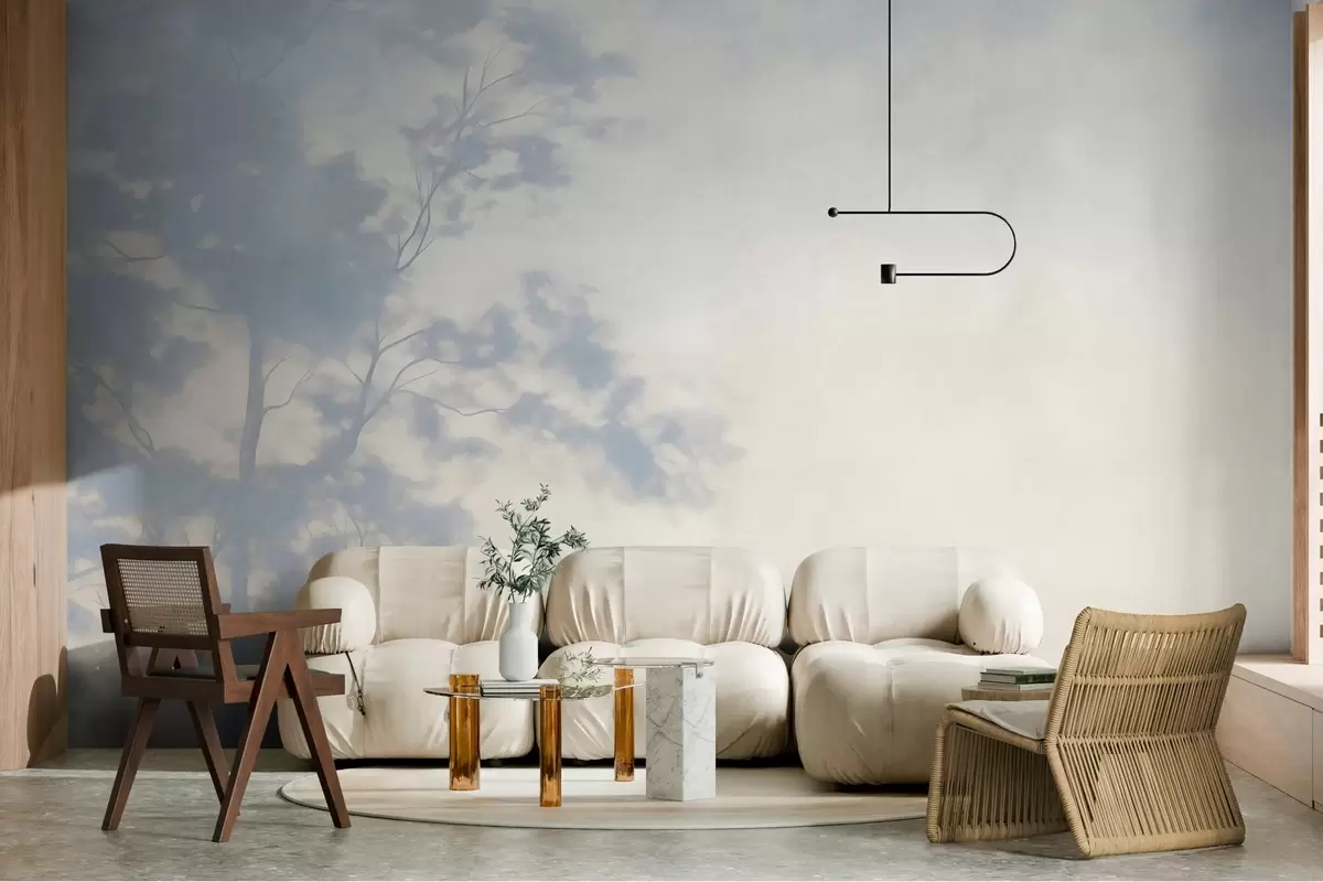 Fototapet Texturovaný strom s větvemi, na světle krémovém a světle modrém pozadí, minimalistické umění w10108