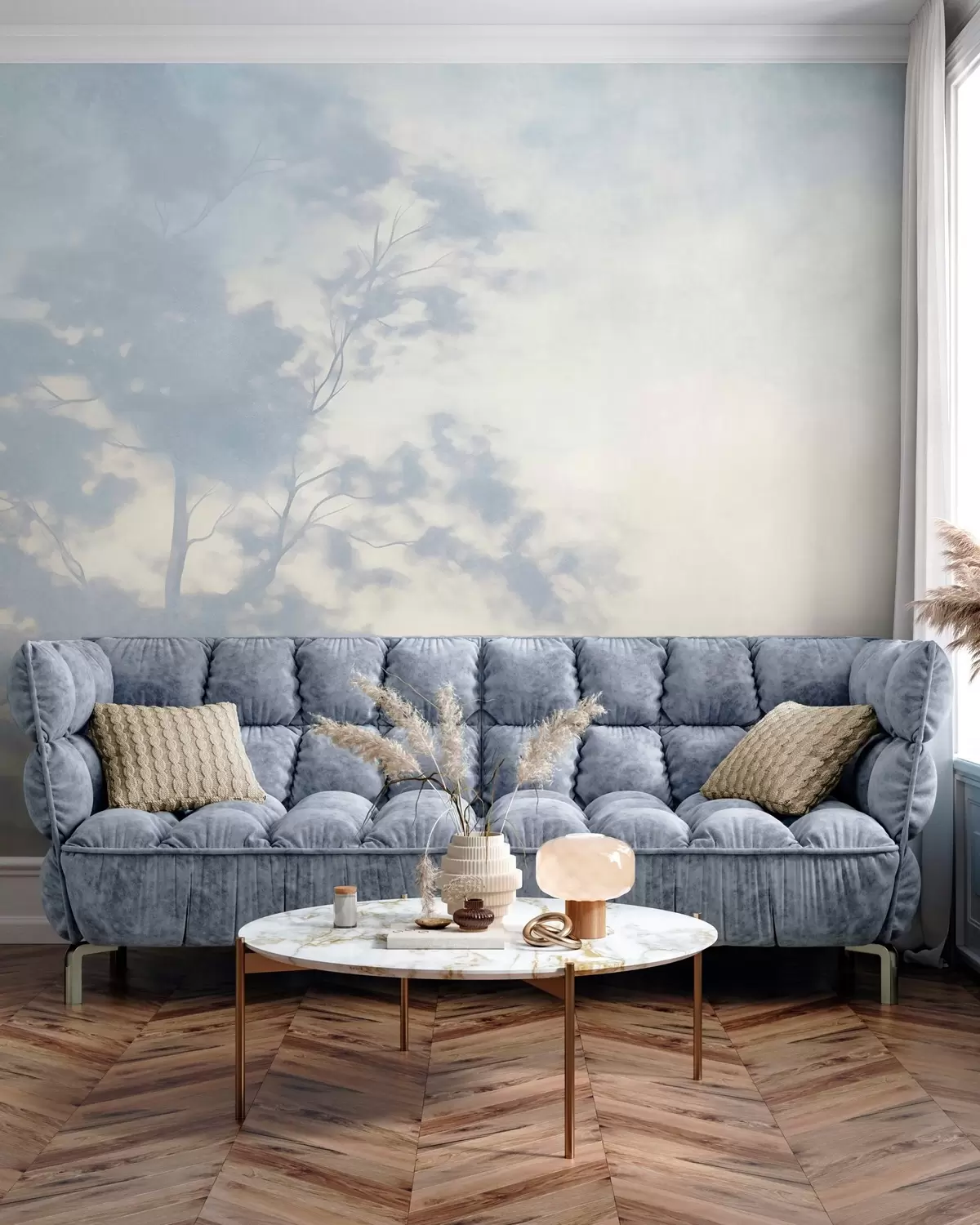 Fototapet Texturovaný strom s větvemi, na světle krémovém a světle modrém pozadí, minimalistické umění w10108