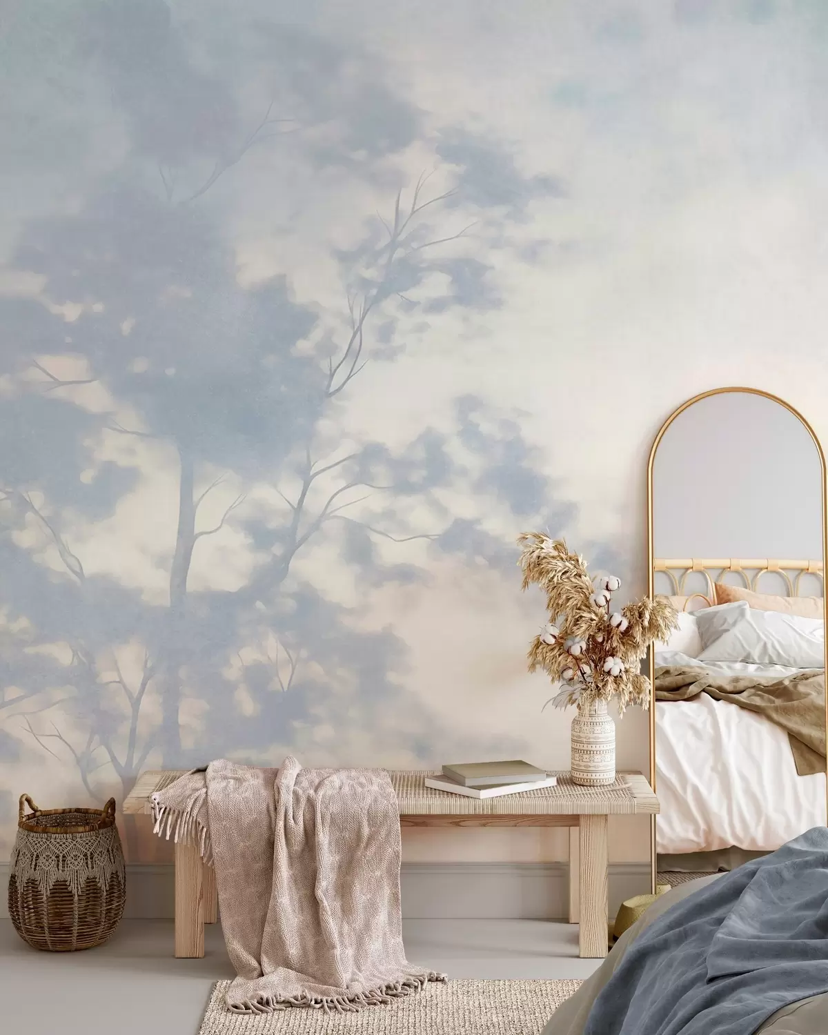 Fototapet Texturovaný strom s větvemi, na světle krémovém a světle modrém pozadí, minimalistické umění w10108