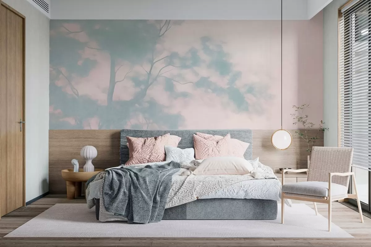 Fototapet Texturovaný strom s větvemi, světle růžové a tyrkysové pozadí, minimalistické umění w10108v1
