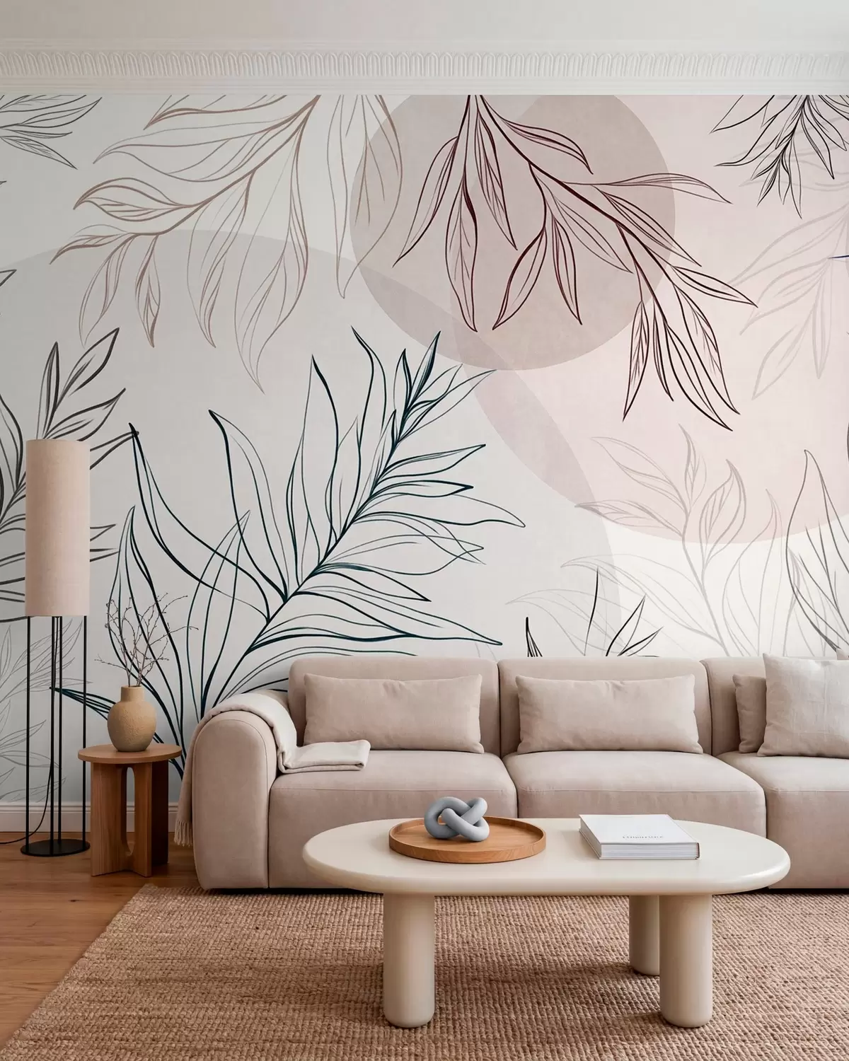 Fototapet Minimalistické kresby tropických listů a listoví, pastelové kruhové tvary w10111