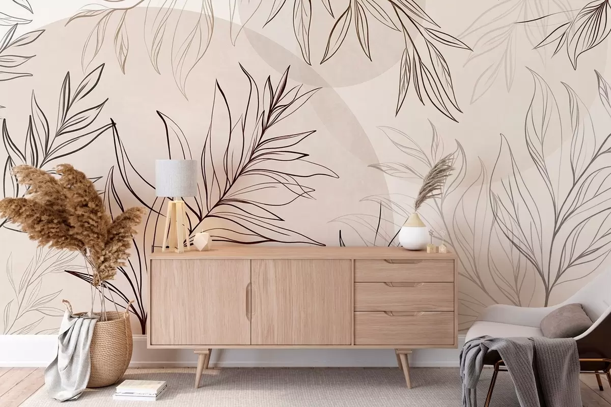 Fototapet Minimalistické kresby tropických listů a listoví, pastelové kruhové tvary w10111v1