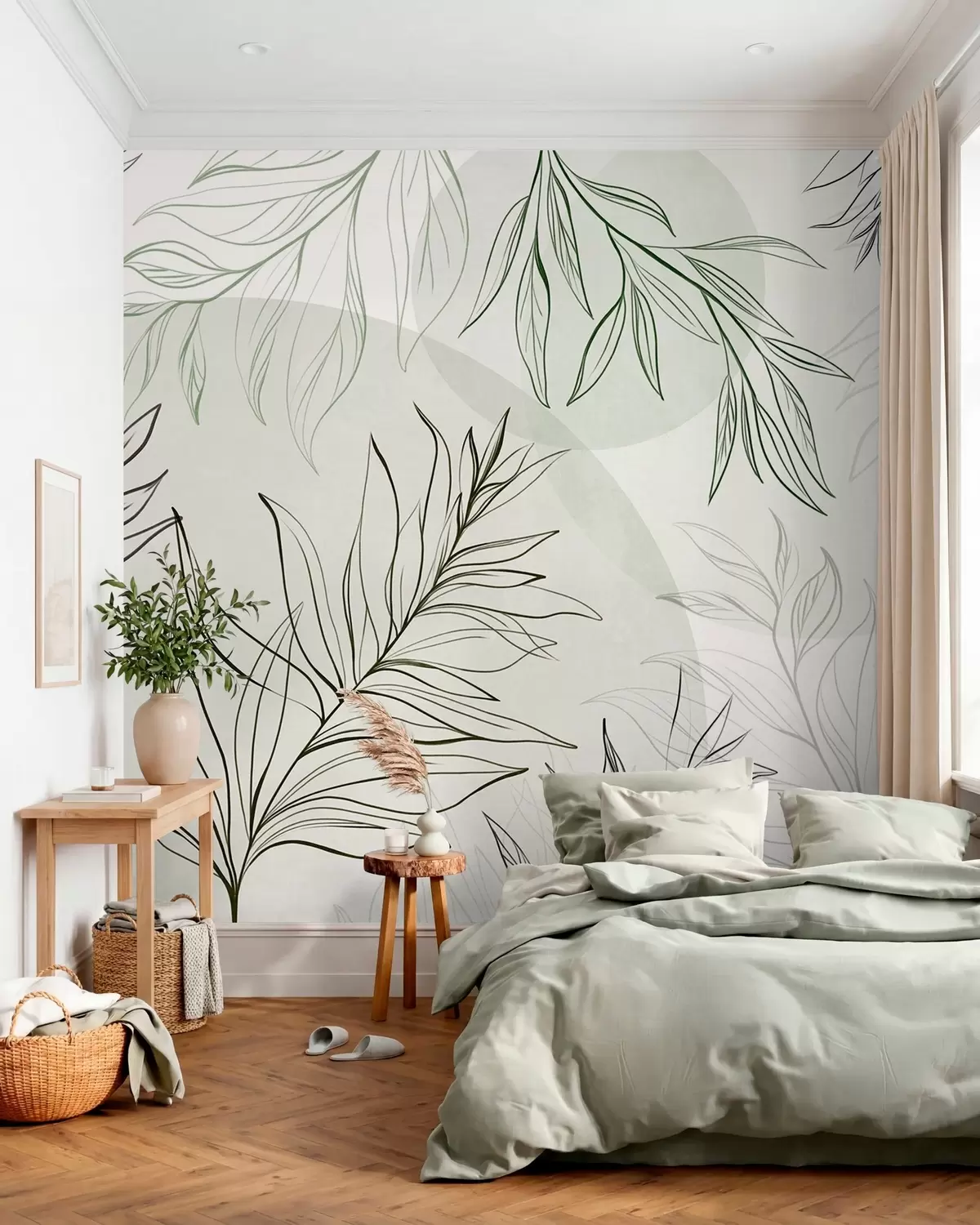 Fototapet Minimalistické kresby tropických listů a listoví, pastelové kruhové tvary w10111v2