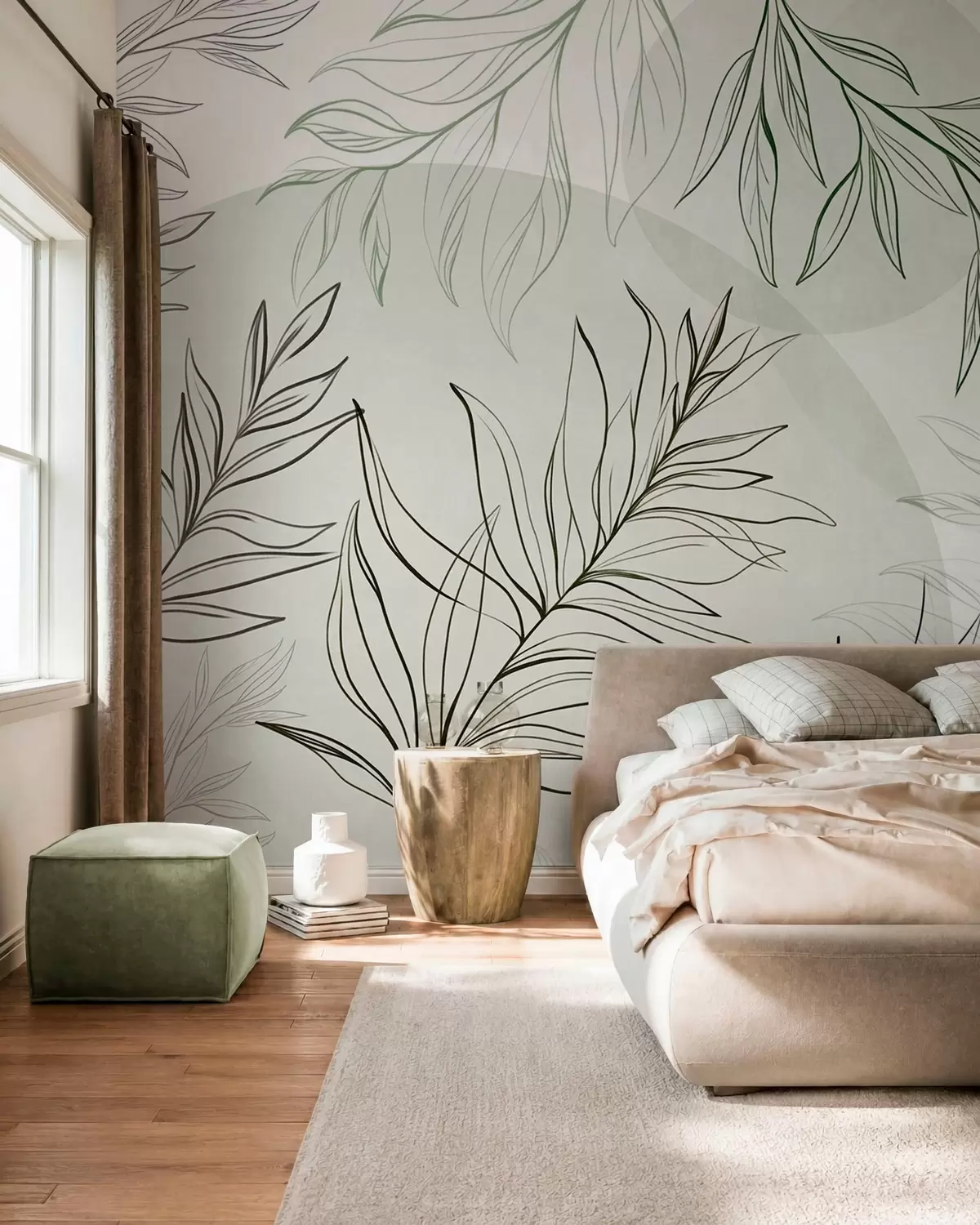 Fototapet Minimalistické kresby tropických listů a listoví, pastelové kruhové tvary w10111v2