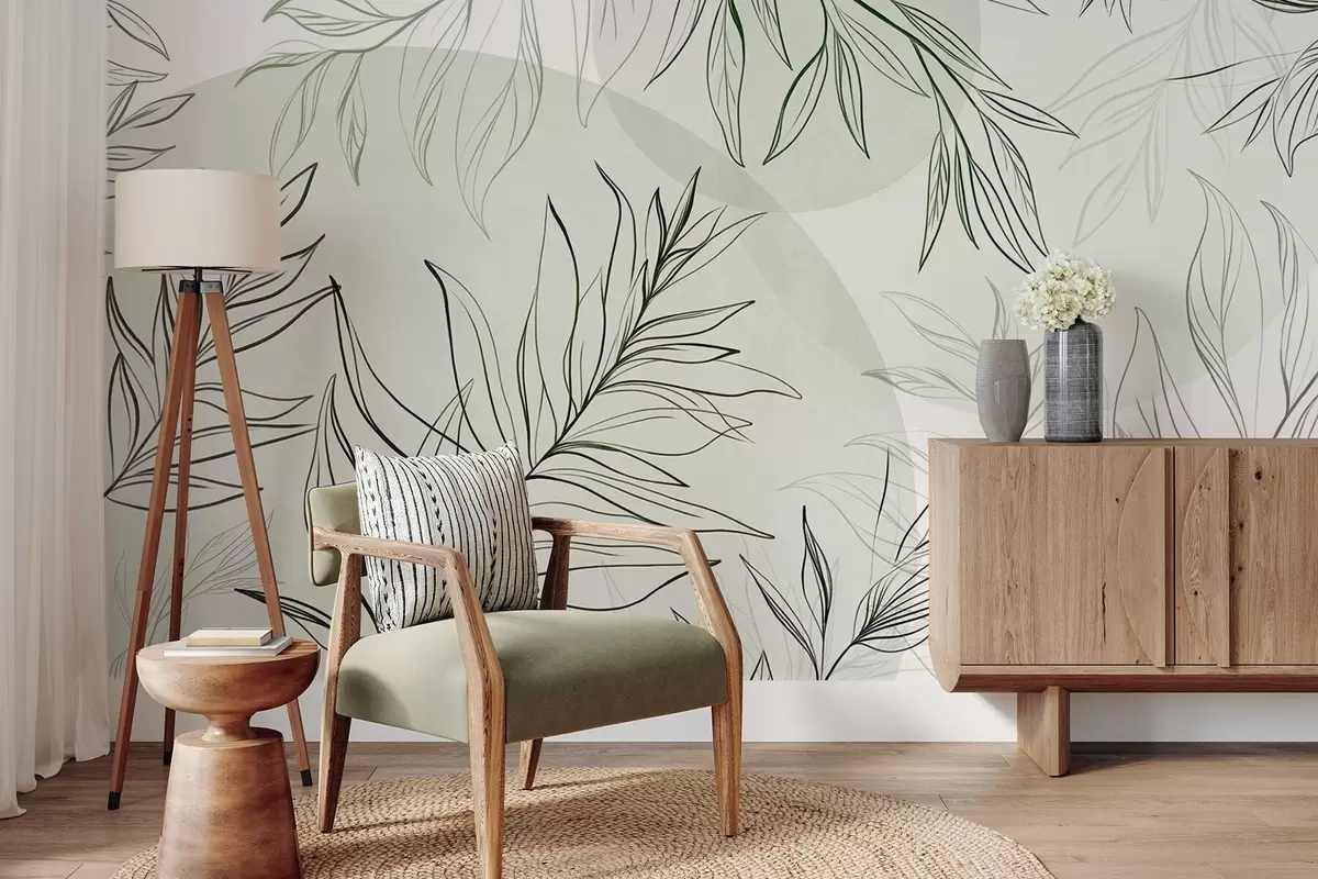 Fototapet Minimalistické kresby tropických listů a listoví, pastelové kruhové tvary w10111v2