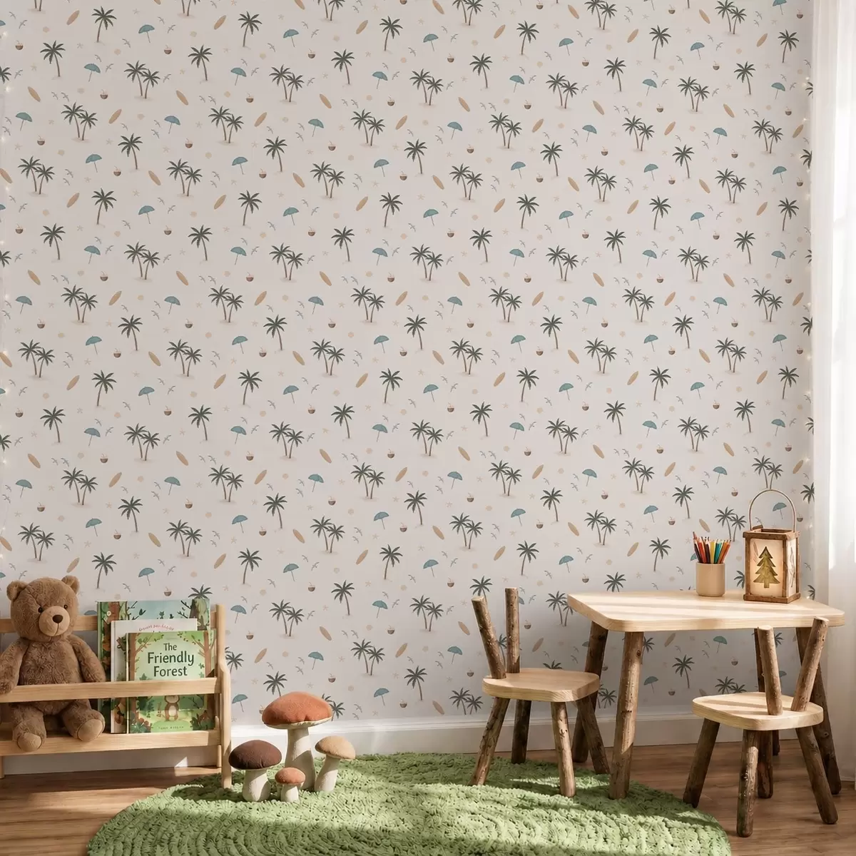 Tapety Tropické palmy, ptáci a slunečníky na světlém pozadí a01280