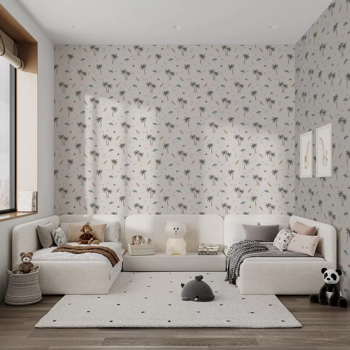 Tapety Tropické palmy, ptáci a slunečníky na světlém pozadí a01280
