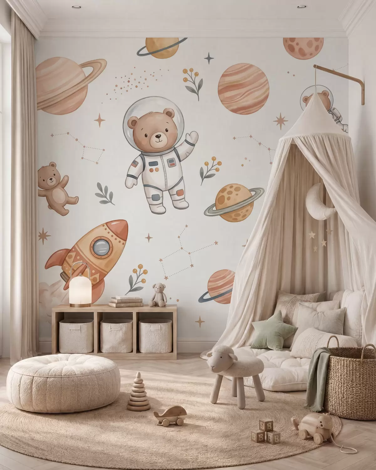 Fototapet Roztomilí medvídci-astronauti mezi planetami, raketami a hvězdami v jemném pastelovém akvarelovém stylu w10096