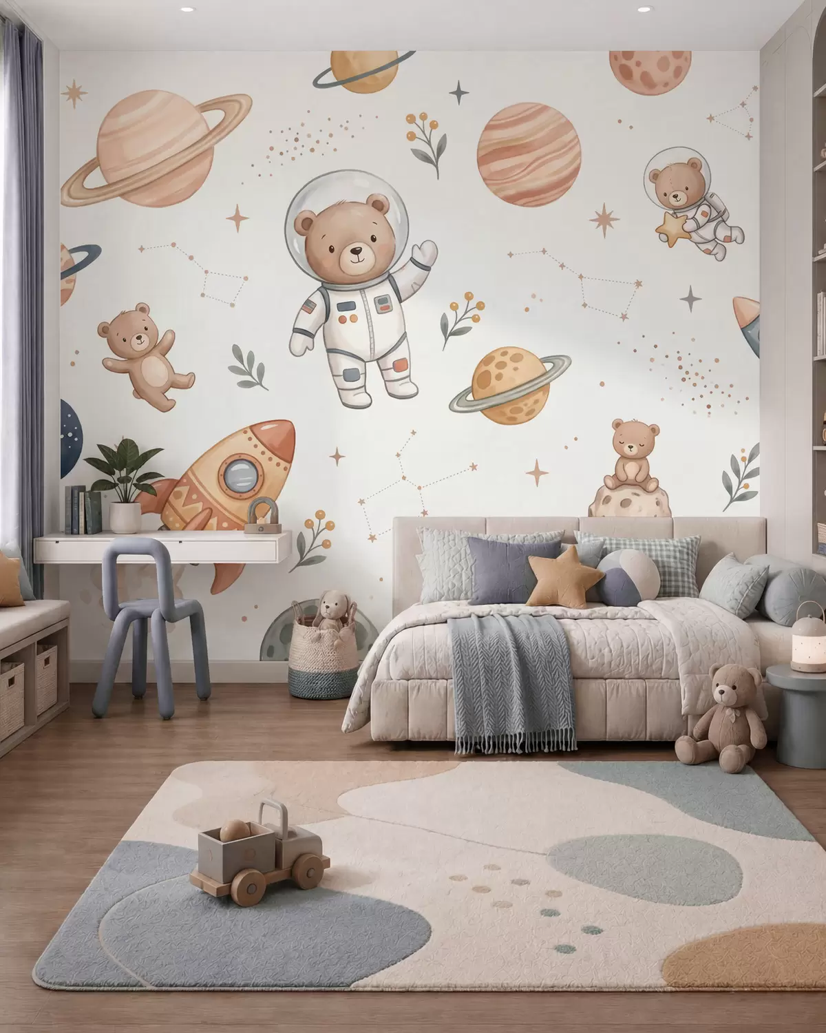 Fototapet Roztomilí medvídci-astronauti mezi planetami, raketami a hvězdami v jemném pastelovém akvarelovém stylu w10096