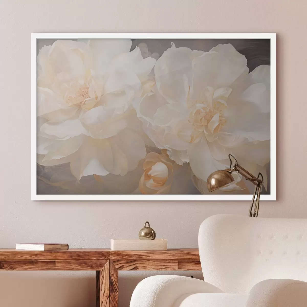 Poster Detailní záběr světlých dvojitých pivoňek f51088