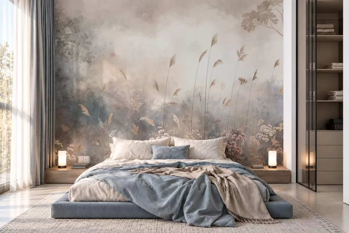 Fototapet Divoké květiny a vysoké trávy v zamlžené krajině w05959