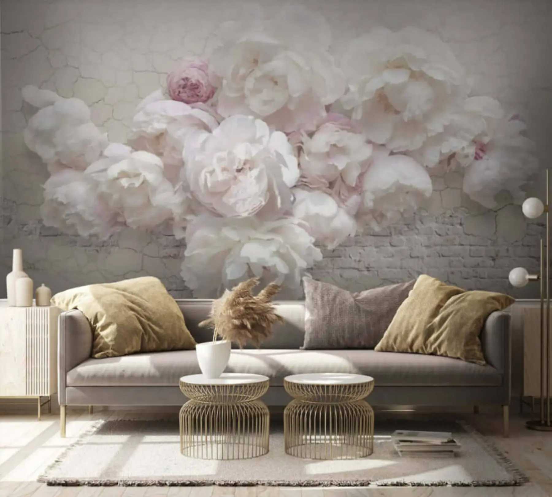 Fototapet Bílé pivoňky na cihlové zdi u59598