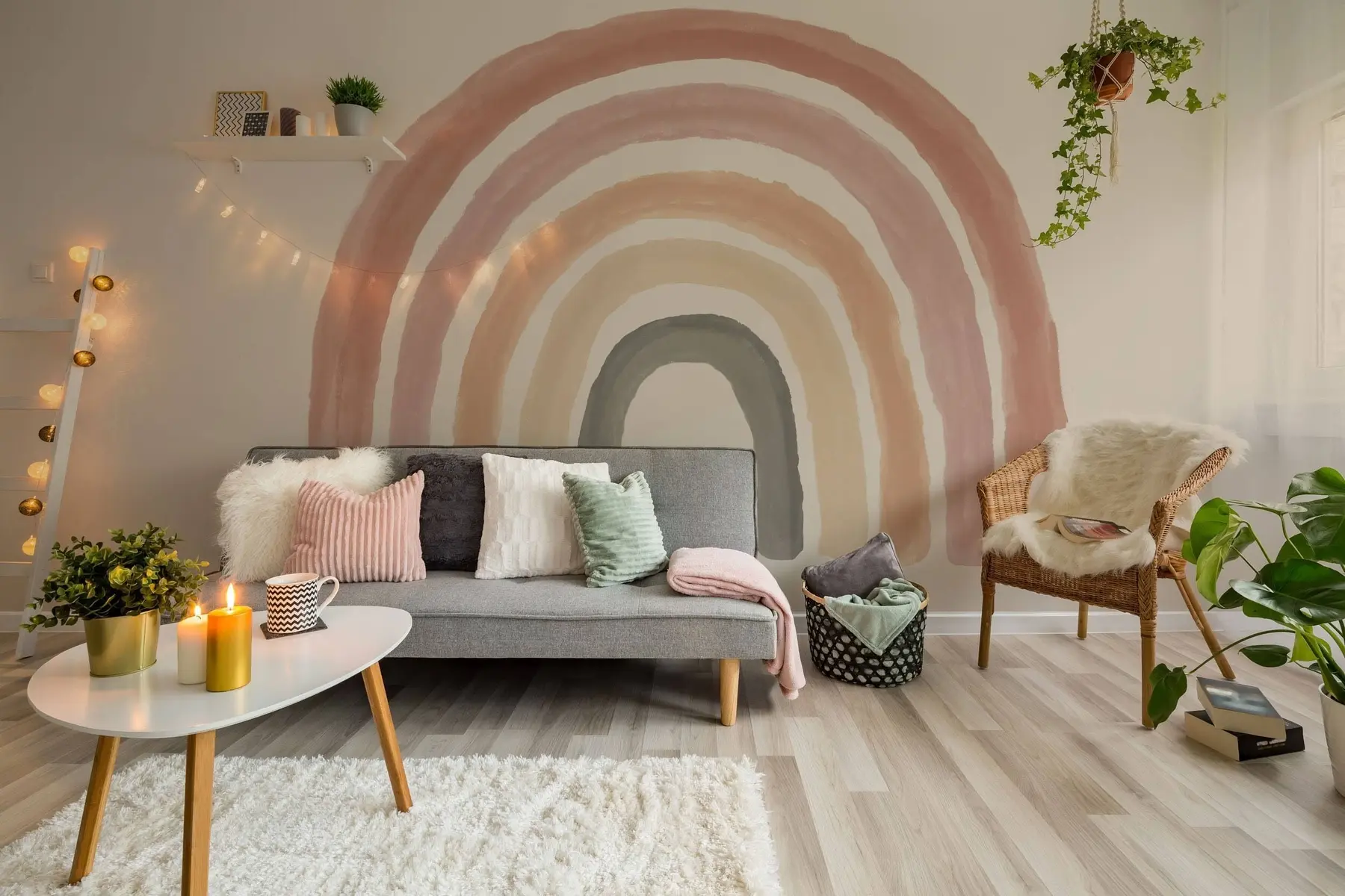 Fototapet tapeta ve stylu boho: korálová broskev, růžová duha. Pastelové duhové zdi růžové u93566