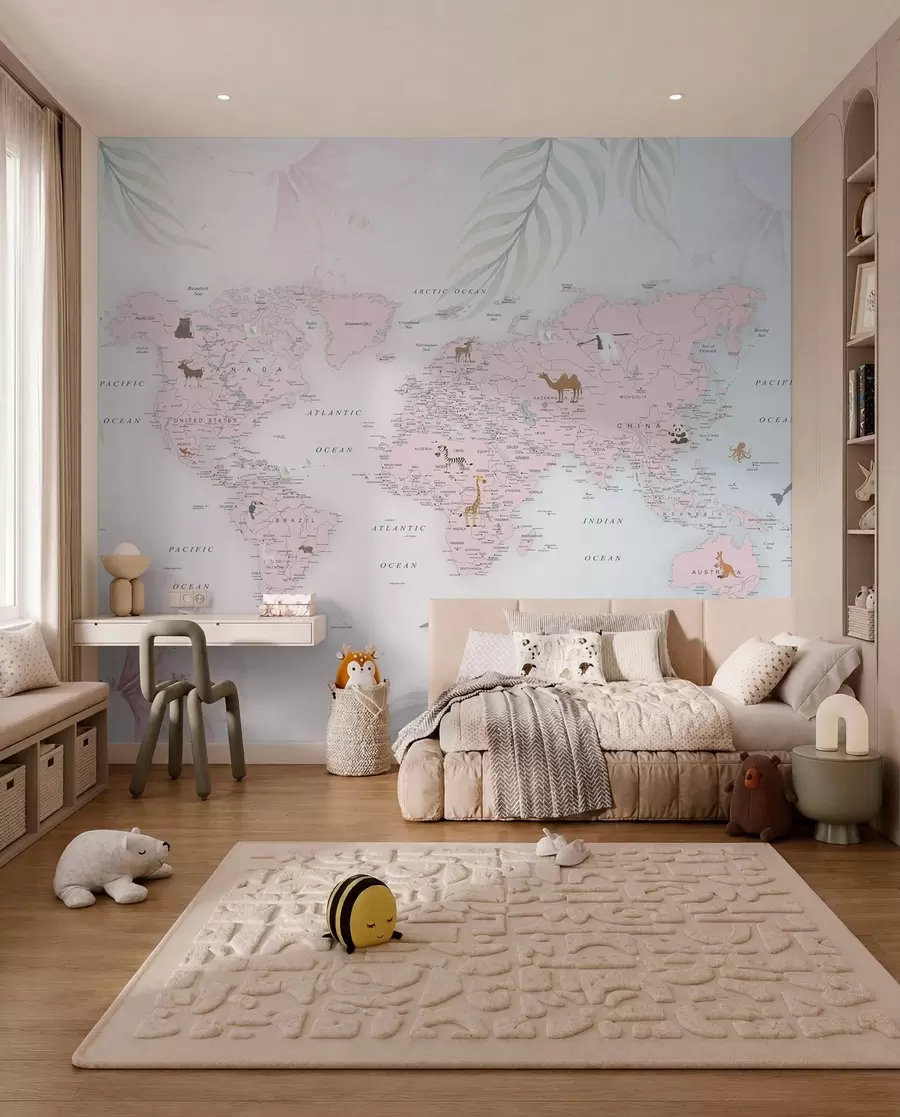 Fototapet Mapa světa pro dívky v růžovém stylu u79832