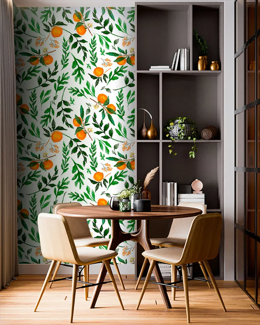 Fototapet Oranžový vzor, design tapety s listy a ovocem u94333