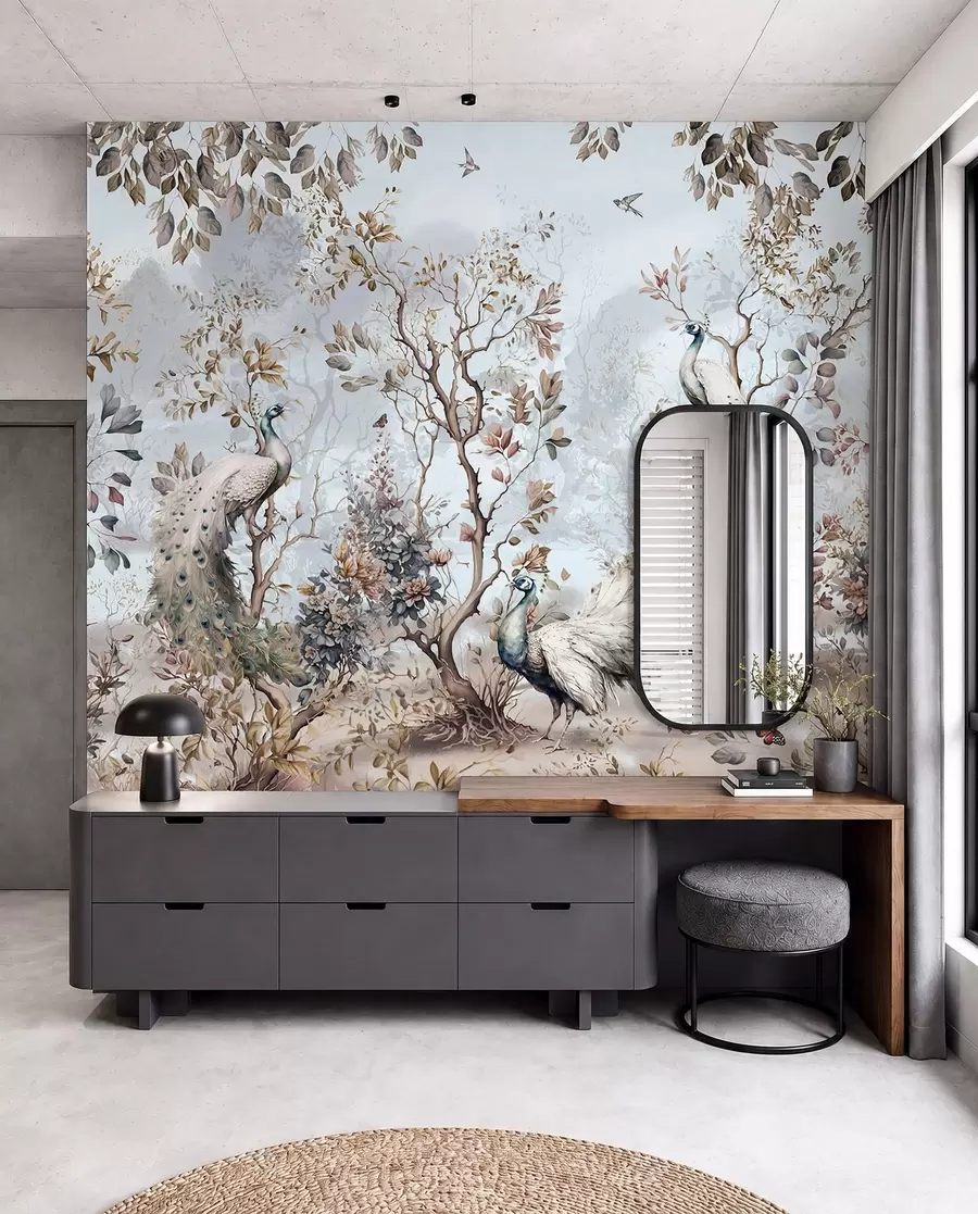 Fototapet Chinoiserie rostliny čínského stylu a pávi u94849