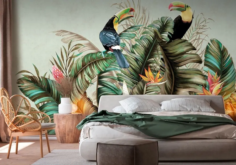 Fototapet Exotičtí ptáci papouškují a tukani mezi banánovými a palmovými listy u95256