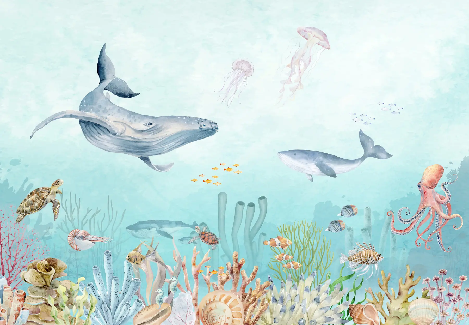 Fototapet Mořský vesmír, velké velryby, ryby a želvy u95446