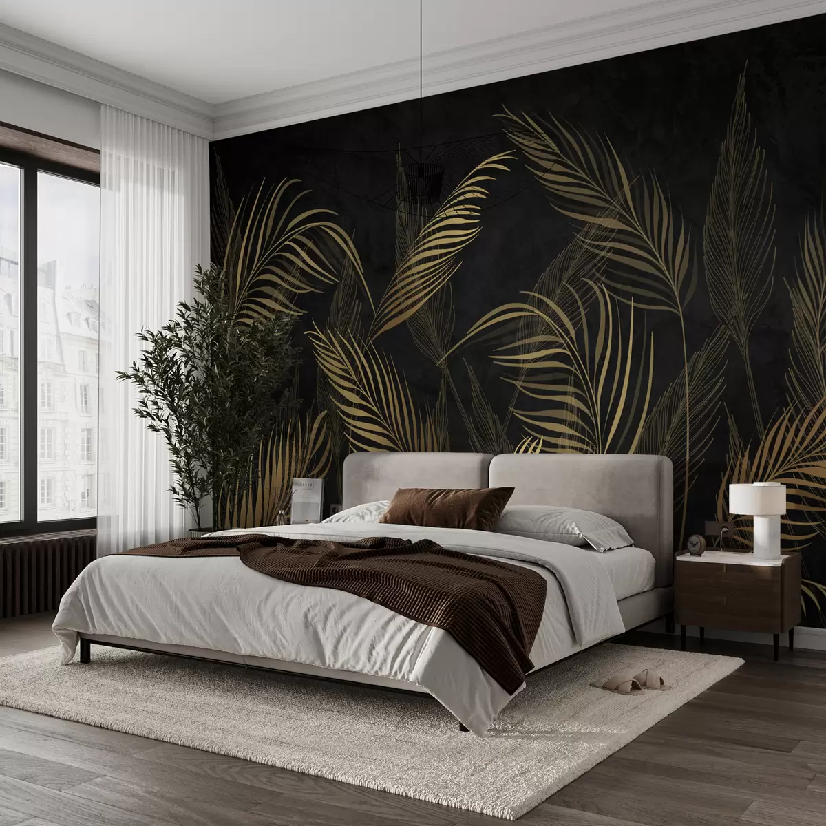 Fototapet Palmové listy na černém pozadí zdi u96318