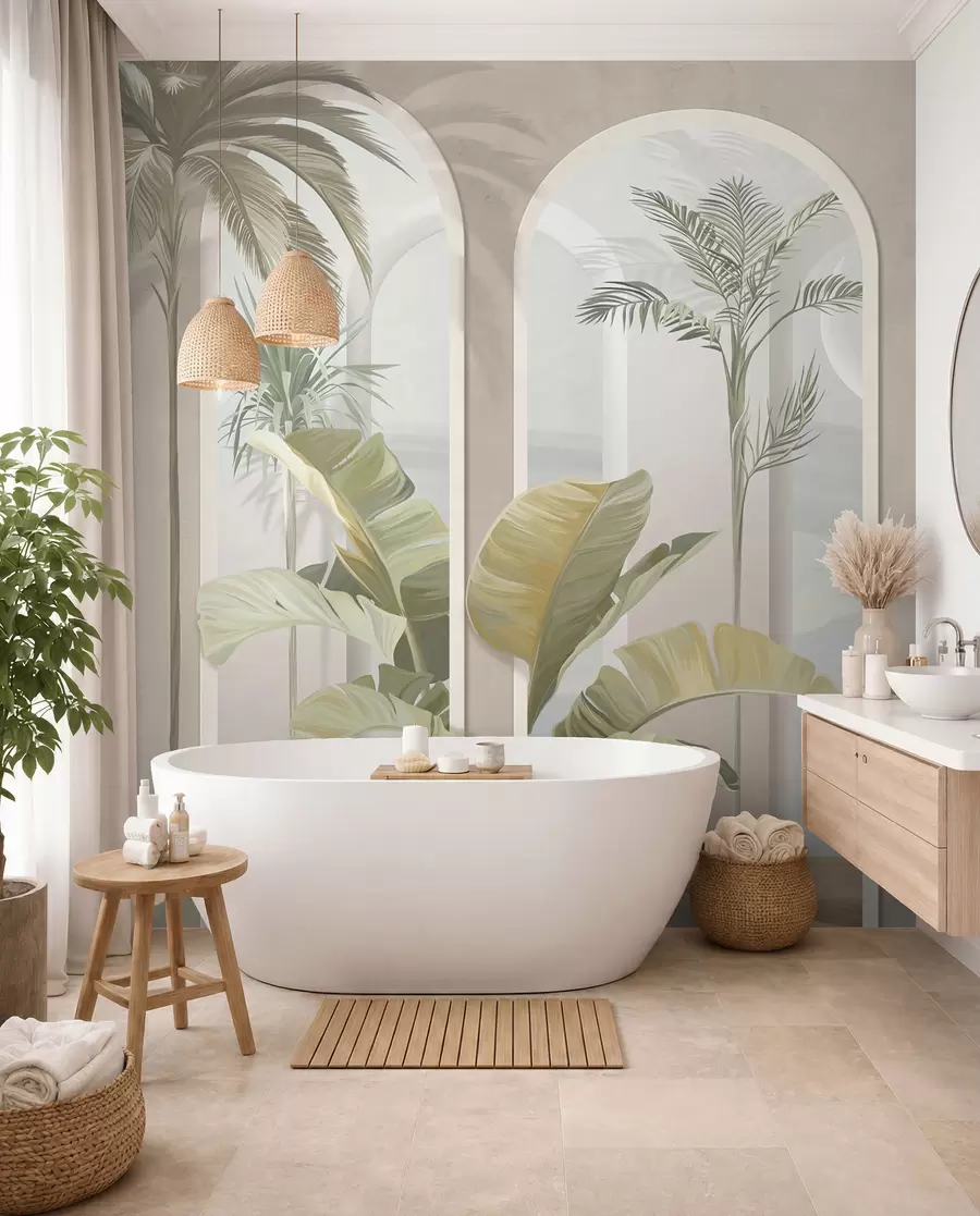 Fototapet Tropické 3D listy s palmami a sloupy u96402