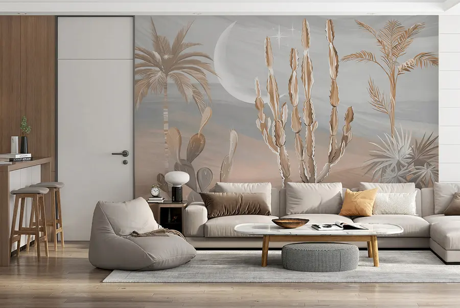 Fototapet 3D poušť s kaktusy a tropickými listy u96444