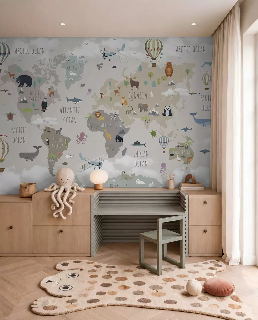 Fototapet Mapa světa se zvířaty a balónky u96461