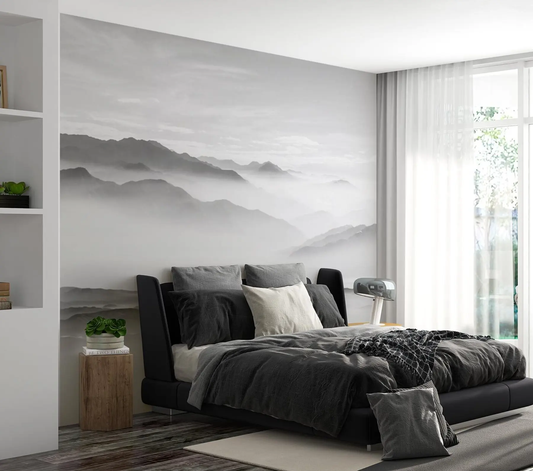 Fototapet Pohled na šedé hory v mlze minimalismus monochromatický u96922
