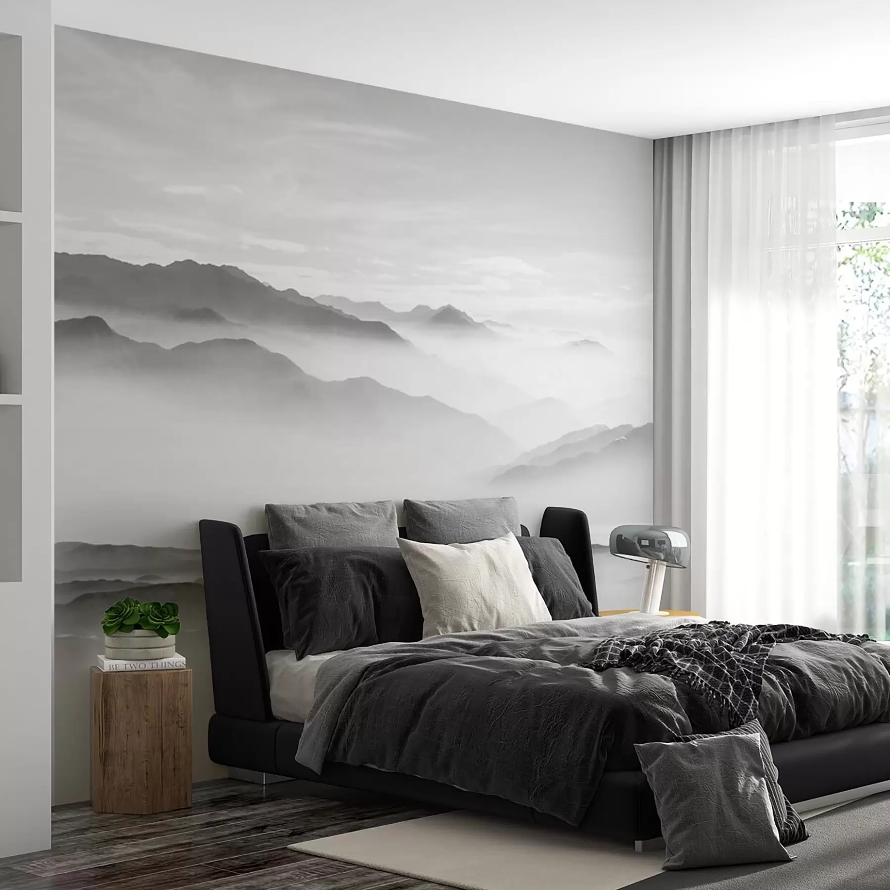 Fototapet Pohled na šedé hory v mlze minimalismus monochromatický u96922