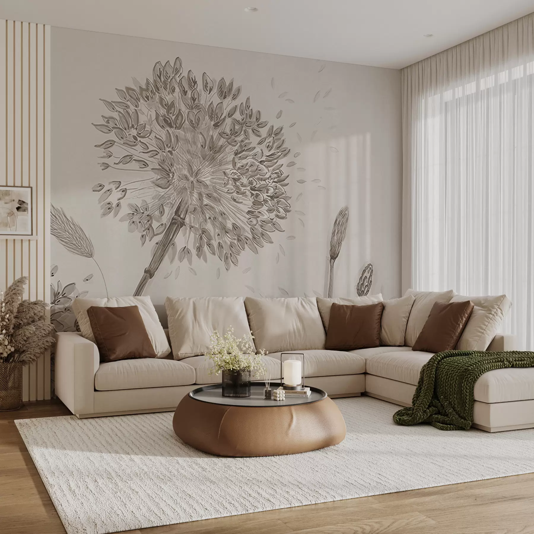 Fototapet Velké luční květy pampelišek monochromatický styl podkroví minimalismus u96934