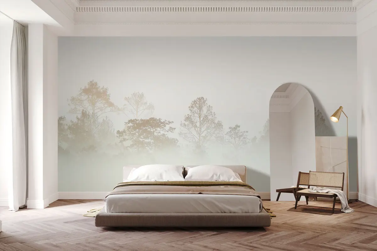 Fototapet Silueta háje stromů v husté bílé ranní mlze u97405