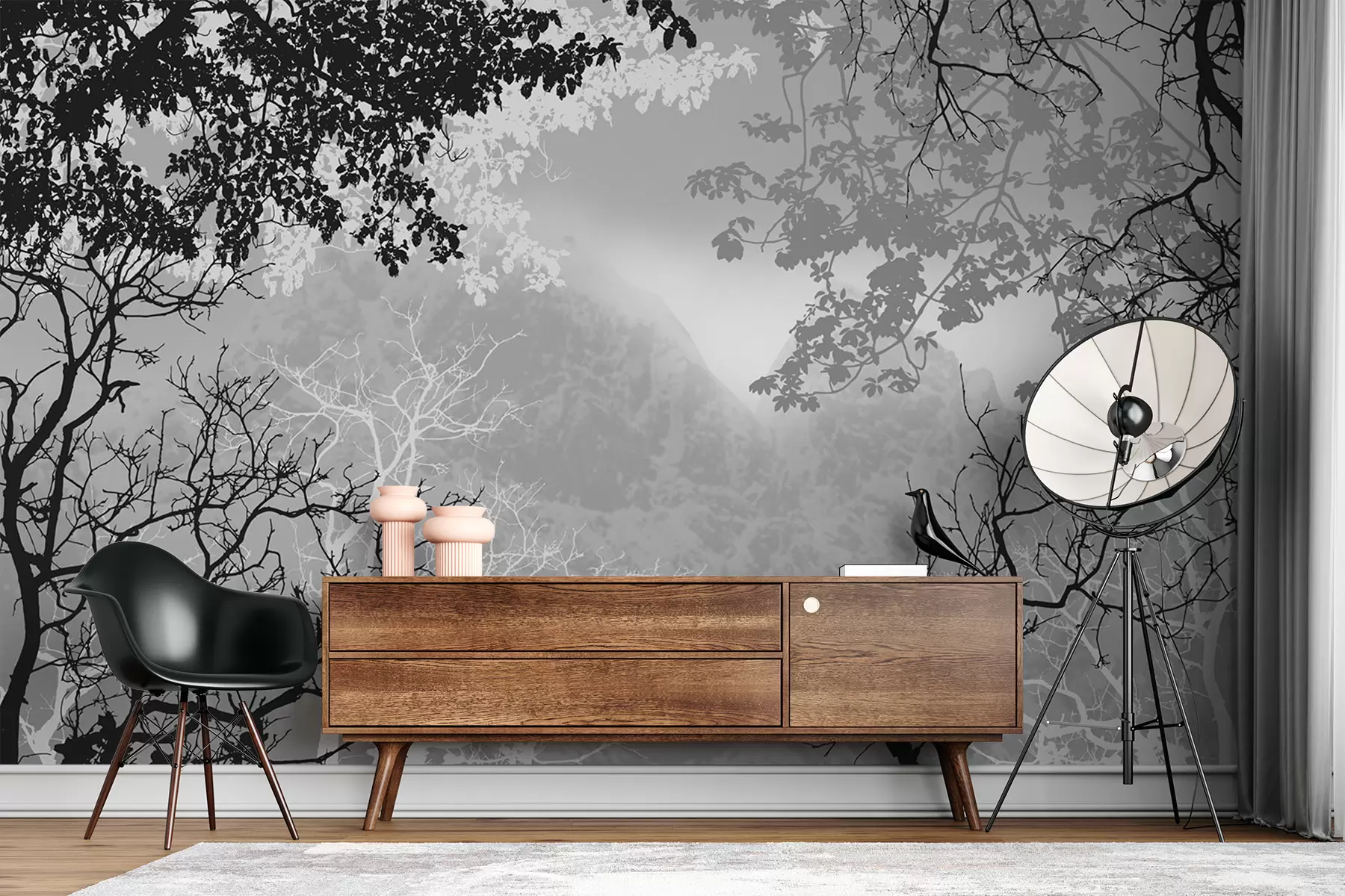 Fototapet Ilustrace lesa na pozadí hor s mlhou u98050