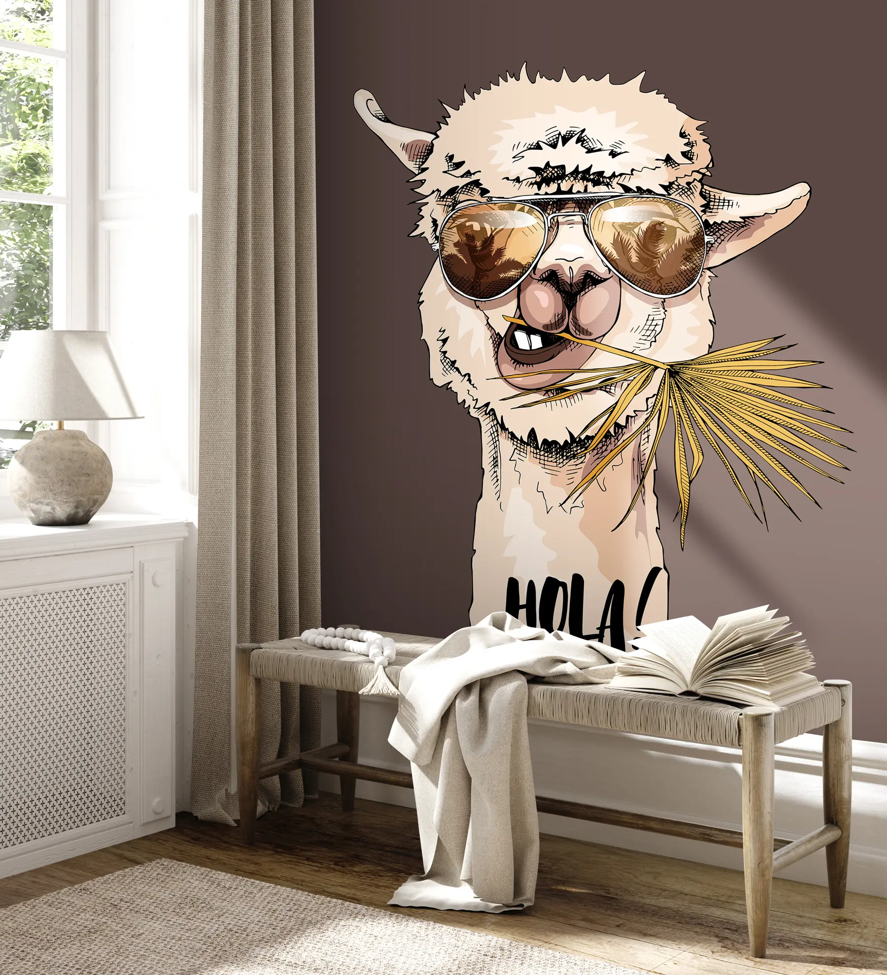 Fototapet Portrét lamy ve slunečních brýlích s palmovým listem u98177