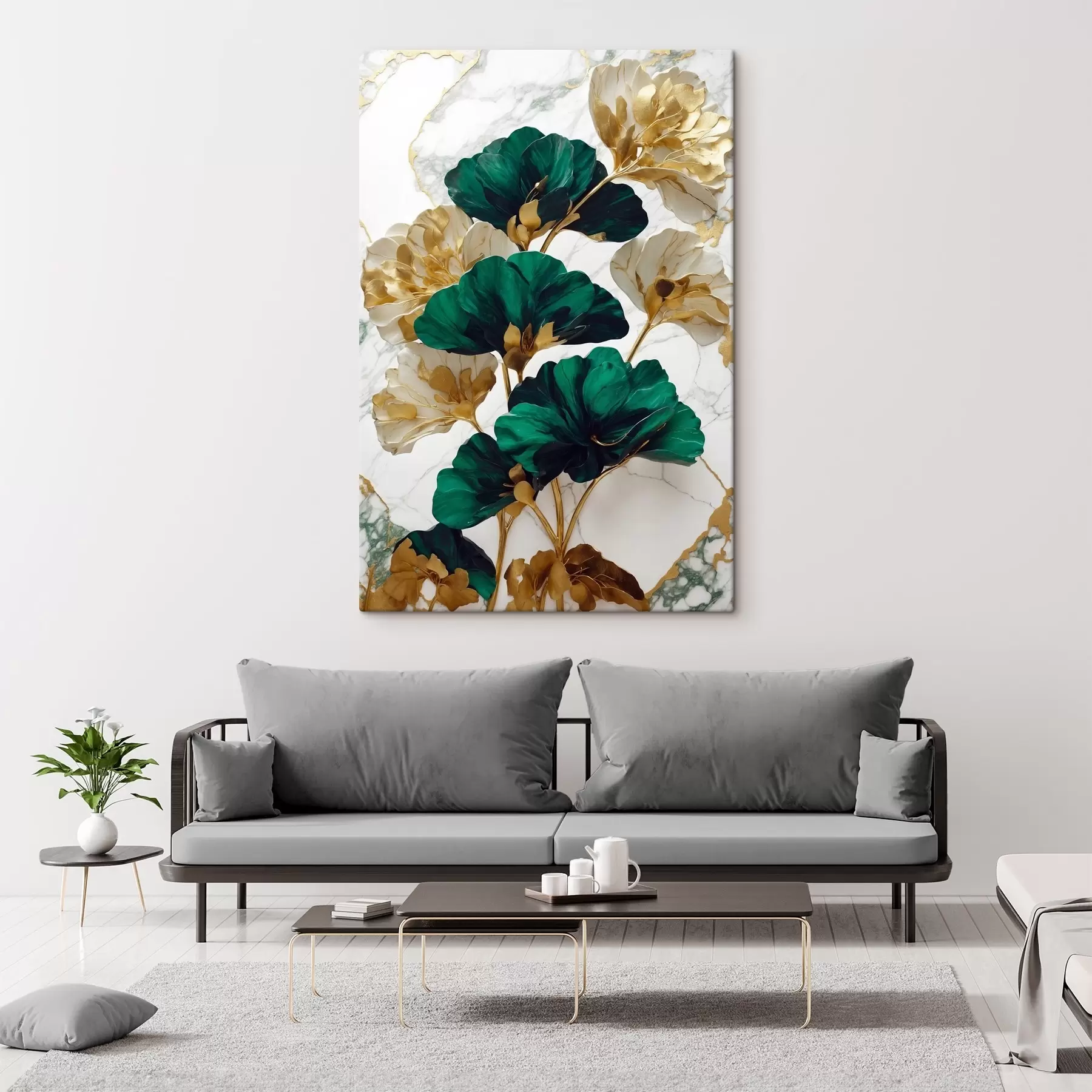 Obraz Zelené a bílé květy na bílém mramorovém pozadí Č. s36646