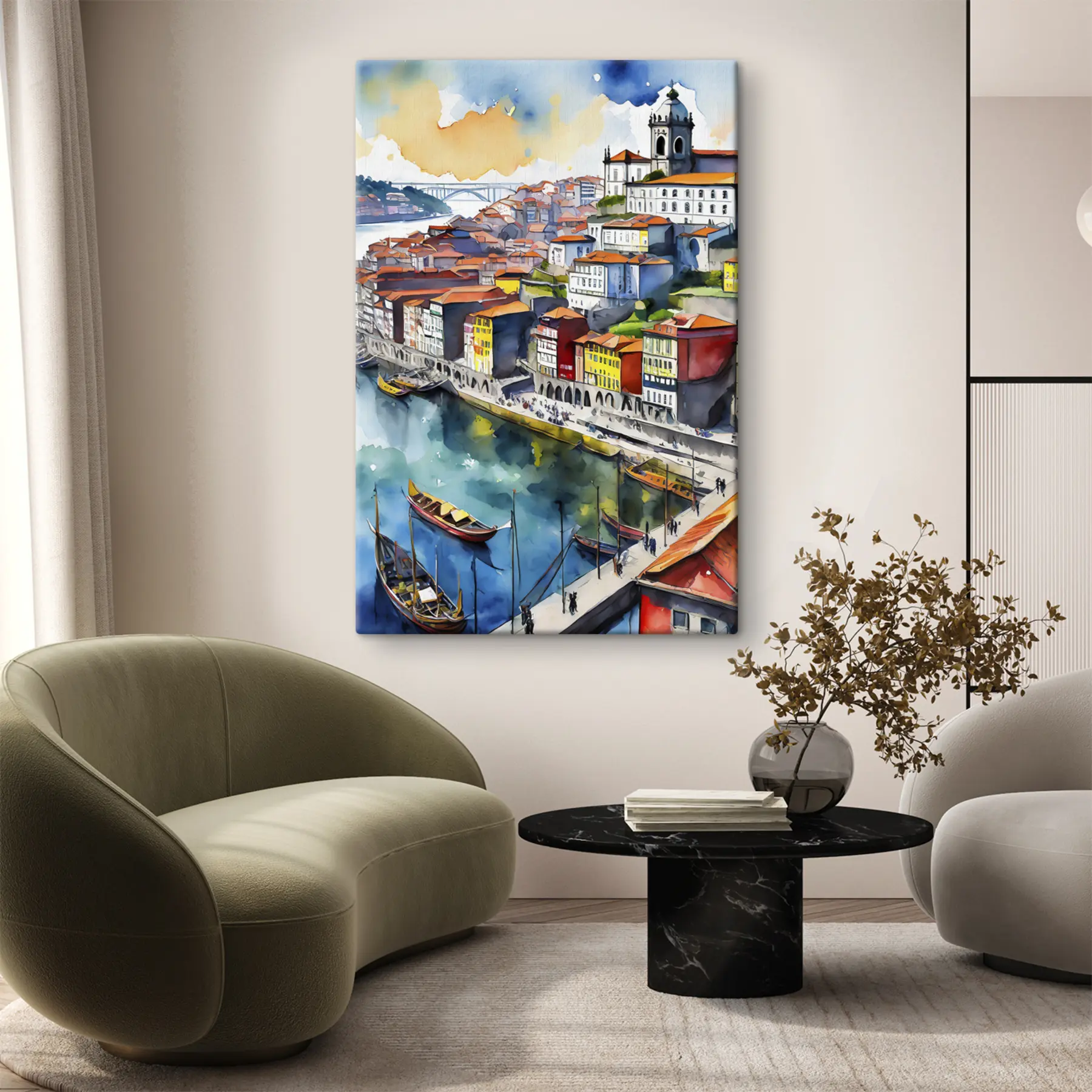 Fototapet Portugalsko město akvarel, Porto, architektura kresba s36680