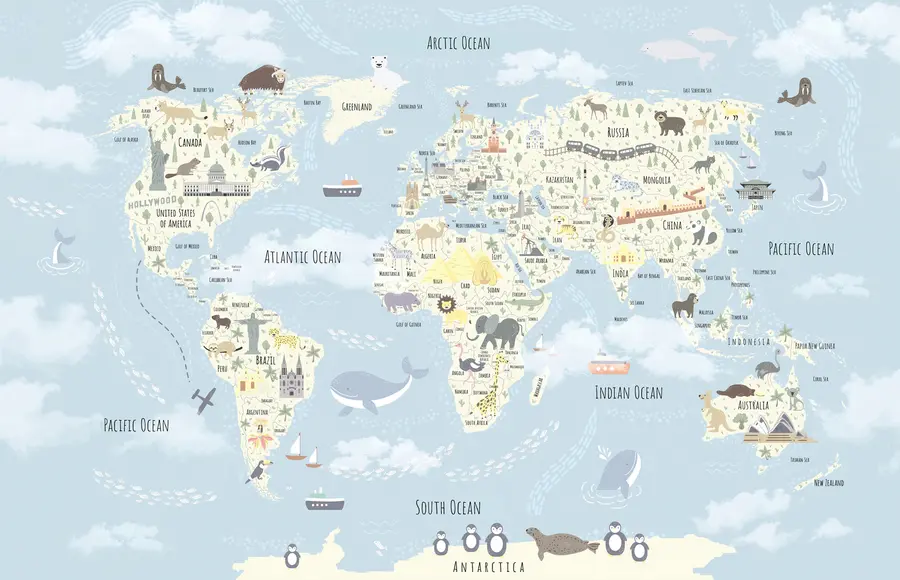 Fototapet Dětská mapa světa se zvířaty a pamětihodnostmi u96587