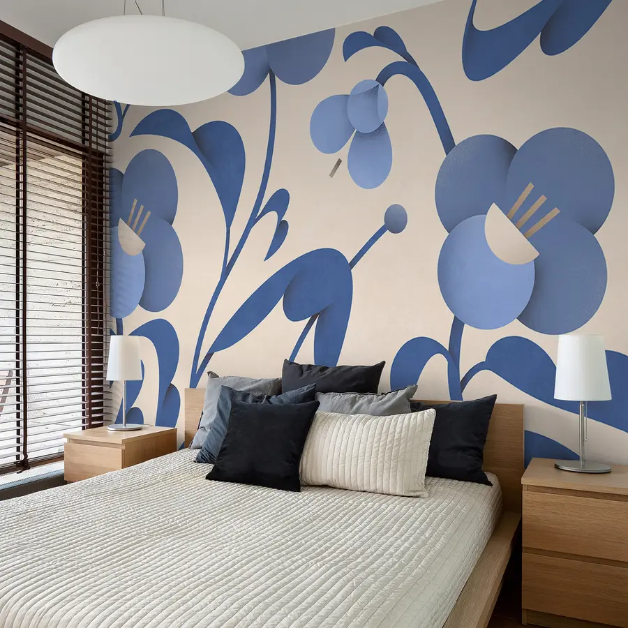 Fototapet Botanický potisk s dekorativními modrými květy na béžovém pozadí u99196v7