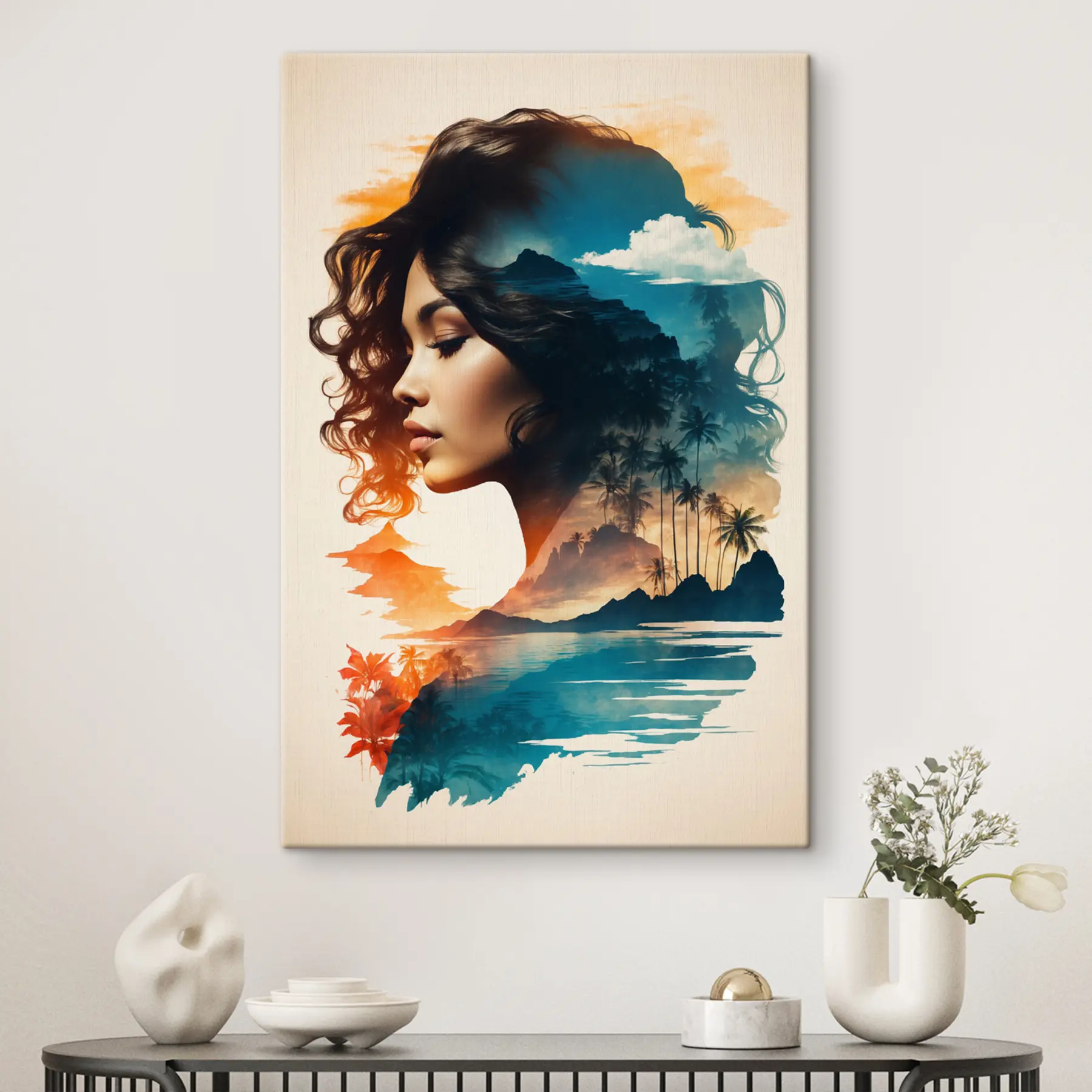Obraz Jezero a palmy na portrétu ženy Č. s37118