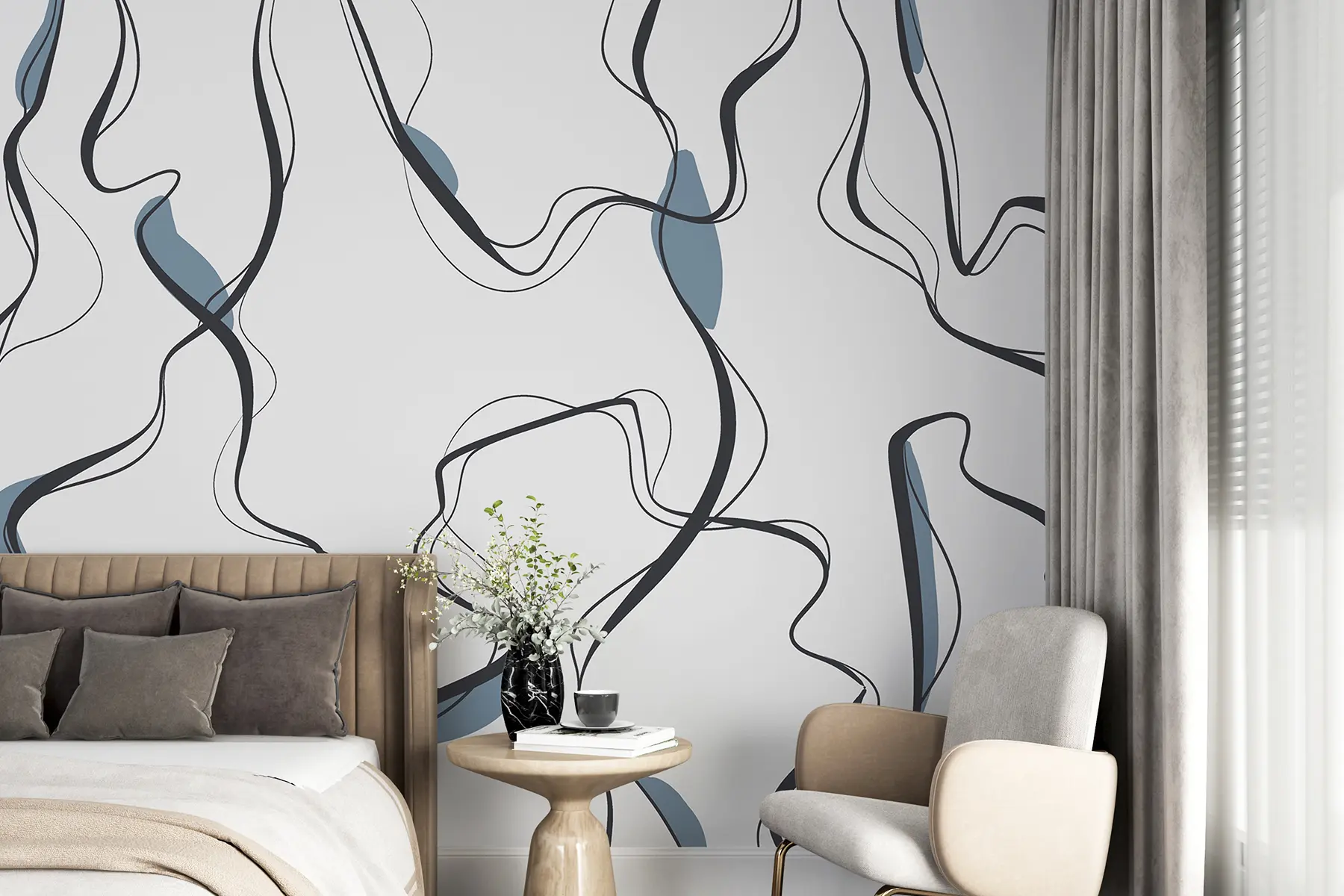 Fototapet Umělecká kresba tuší, abstraktní vzor, geometrické linie, šedá a modrá barva u99659